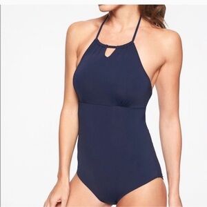 ATHLETA Navy High Neck‎ Keyhole One Piece Scoop Back Swimsuit Size XXS